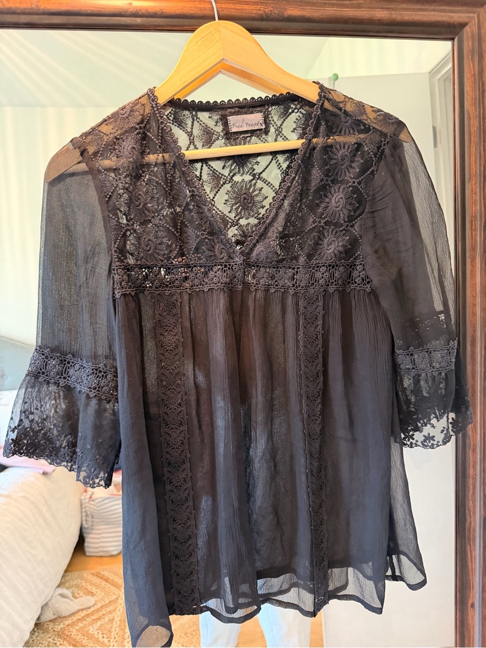 Free People Black Sheer Lace Peasant Blouse
